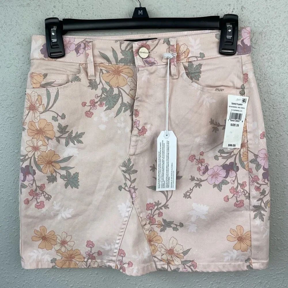 NWT Sanctuary Pink Floral Denim Skirt Size 25
